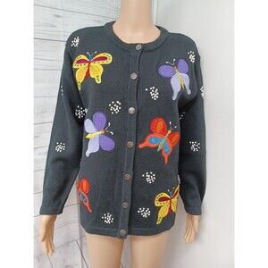 The Quacker Factory Womens Black Embroidered Butterflies Sweater Sz S